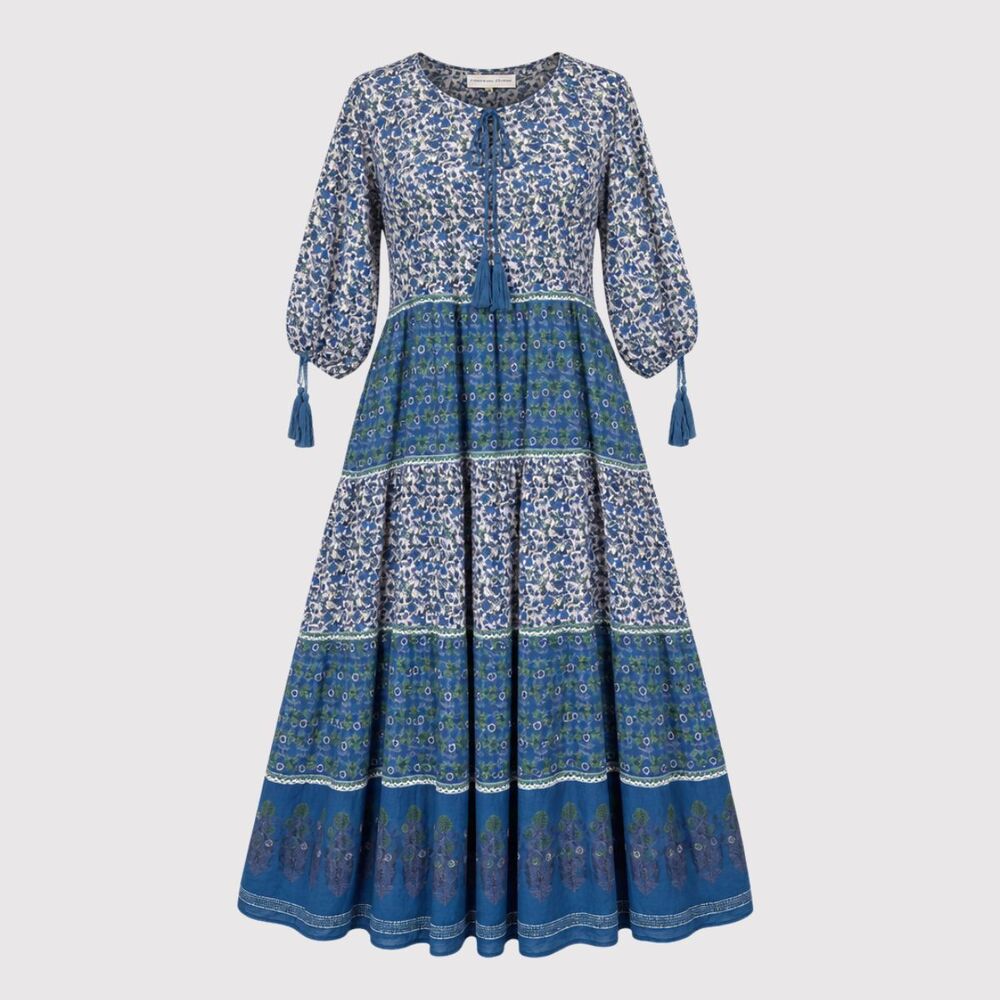 Daughters of India Maxi Dress Blue Floral Ditsy Tiered A Line Flowy Boho Medium